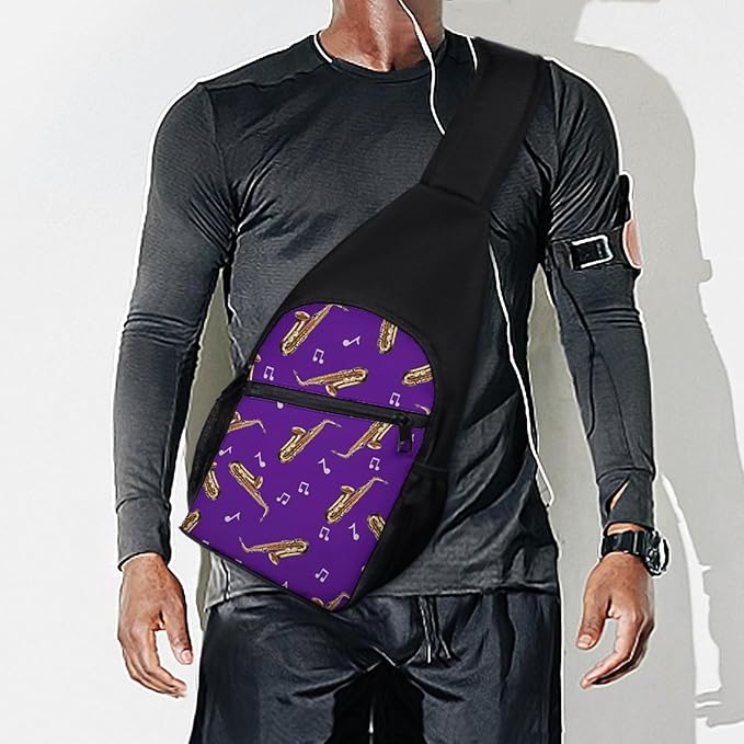 SWEET TANG Womens Fashion Gym Bags Anti Theft Crossbody Shoulder Chest Bag with Small Pocket, Multipurpose Daypack Bag for Cycling Traveling Hiking, Saxophone And Music Purple