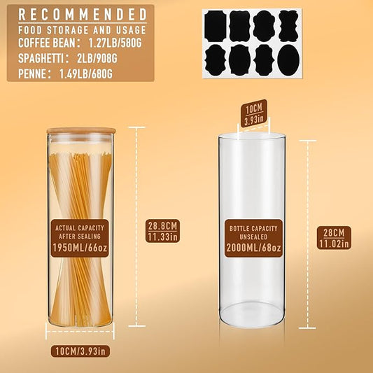 D2scrma 70oz Straight cylindrical Airtight Storage Jars with Bamboo Lid Set of 3 Storage Container Glass Jars, Kitchen Canister for Noodles, Pasta and Coffee beans (βwith Black Lable)