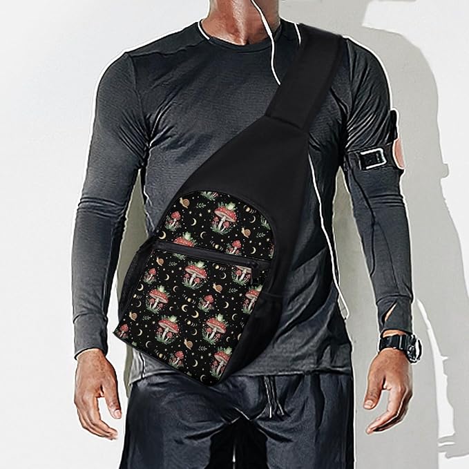 SWEET TANG Fashion Sling Backpack for Men Women, Lightweight Sling Shoulder Bag, Outdoor Chest Crossbody Bike Gym Runner Daypack with Adjustable Strap, Moon Frog Mushroom