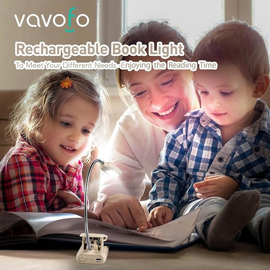 VAVOFO Rechargeable Book Light for Reading in Bed Kids, 7 LED Reading Light with 9-Level Warm Cool White Daylight, Eye Care Lamp with Power Indicator for Bookworms (Khaki)