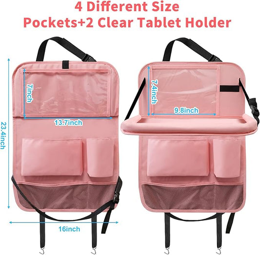 Etre Jeune Car Backseat Organizer with Tray, Seat Back Table Holder with 6 Storage Pockets, Car Seat Back Protectors Kick Mats Travel Accessories, 2 Pack Pink