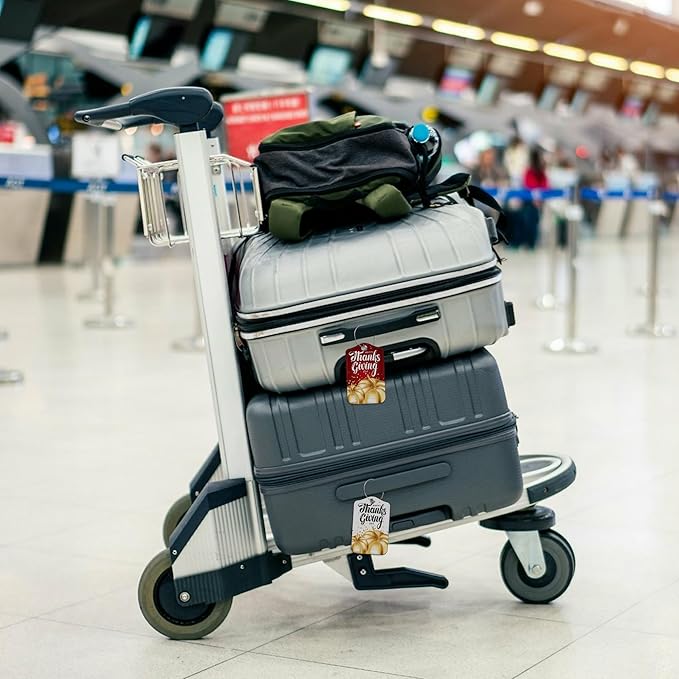 2 Pack Luggage Tag for Suitcase Happy Thanksgiving Day Leather Suitcase Tags with Privacy Name ID Label and Stainless Steel Loop for Travel Bag