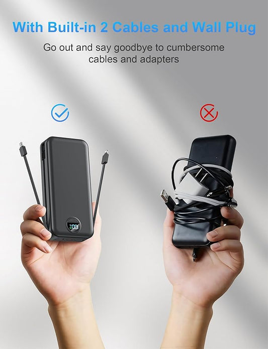 Portable Charger with Wall Plug, 20000mAh USB C Fast Charging Power Bank, External Battery Pack with Built in Cables, Digital Display, 5 Output 2 Input for iPhone Android Cell Phone Tablet