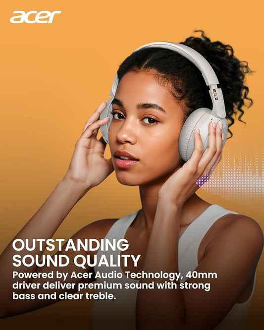 acer Wireless Bluetooth Headphones, 70 Hours Playtime, Foldable Over-Ear Headphones with 40mm Drivers, Memory Foam Earpads, Multipoint Bluetooth 6.0 for Travel, Home, Office, White