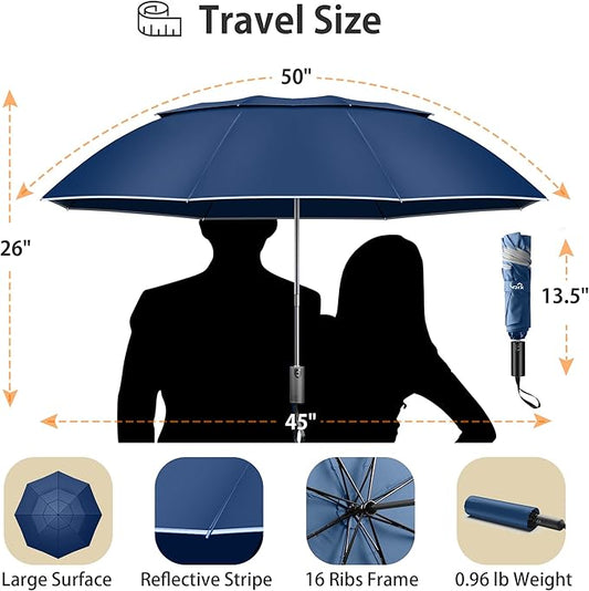 Urvoix Travel Umbrella Compact Windproof - Vented Double Canopy Umbrellas for Rain, Portable Umbrella Inverted Automatic Open Close with Reflective Strip