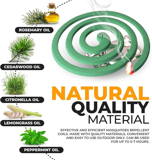 Mosquito Repellent Coils - Outdoor Use Reaches Up to 10 feet - Each Coil Burns for 5-7 Hours (16 coils & 8 Coil Stands)