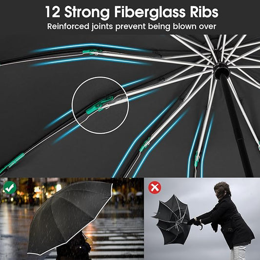 G4Free 54 Inch Large Double Layer Inverted Umbrella, 12 Ribs Compact Windproof Automatic Folding Reverse Umbrella with Reflective Strip for rain