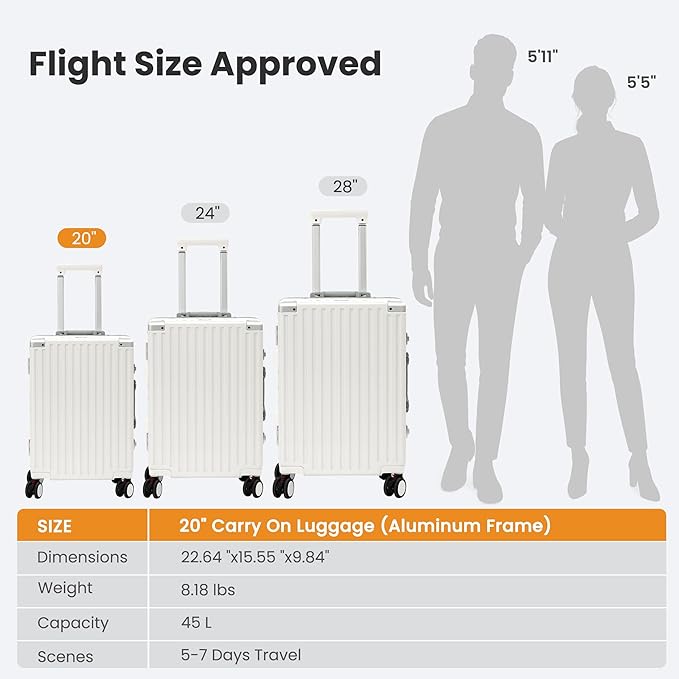 Carry On Luggage 22x14x9 Airline Approved, Zipperless Luggage Carry On, Hard Shell Suitcases with TSA Lock, Lightweight Carry On Suitcases with Aluminum Frame (white, 20inch)