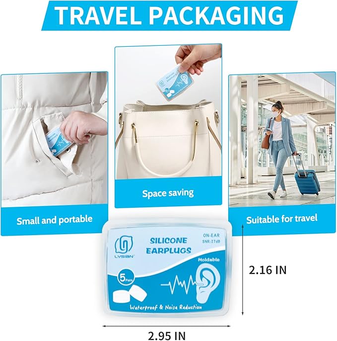 LYSIAN Soft Moldable Silicone Earplugs for Sleep, 5 Pairs, SNR 27dB Noise Cancelling Sleeping Ear Plugs for Swimming, Travel, Snoring(Blue)