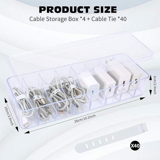 4pcs, Cord Storage Organizer, with 40 Straps, Cable Storage Organizer, Charger Organizer, Cord Organizer Box, Charging Cord Organizer, Cord Organizer Storage, Transparent Plastic Box with Lid