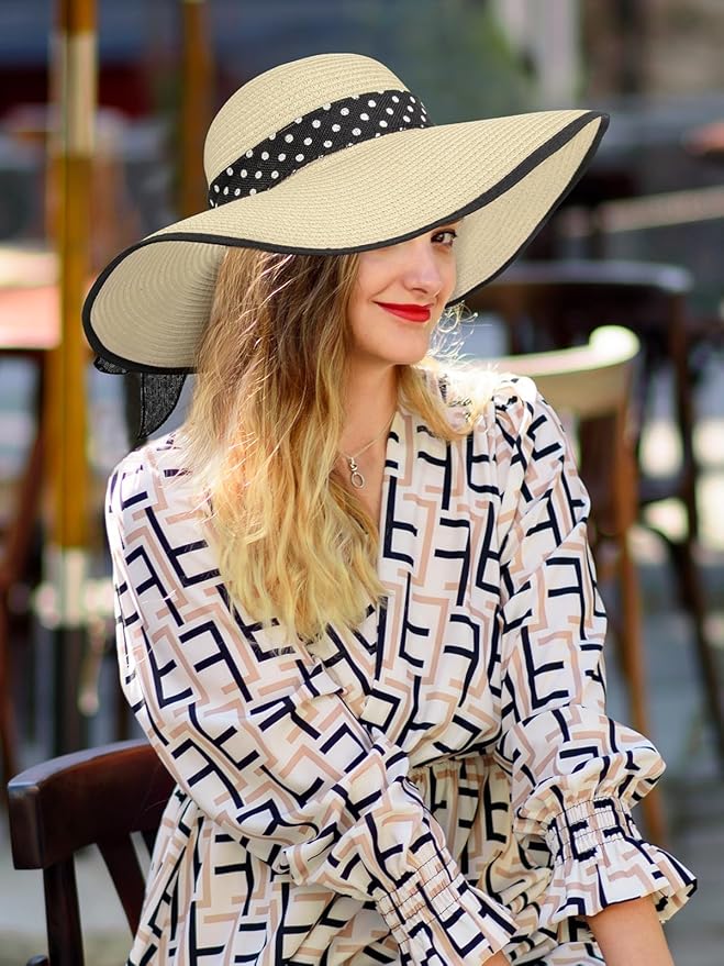 Senker Fashion Sun Hats for Women, Wide Brim Floppy Beach Straw Hat for Summer Travel Vacation Foldable with Sunglasses