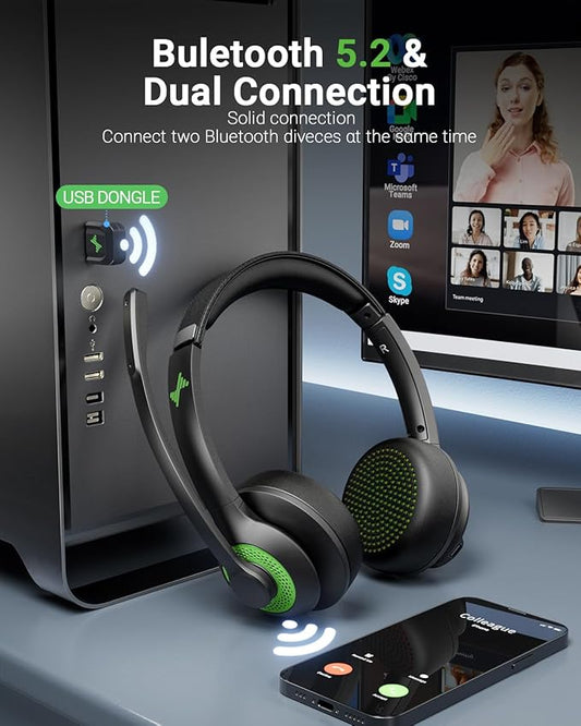 Wireless Headset with AI Noise Cancelling Microphone Bluetooth Headset - Bluetooth V5.2 Headphones with USB Dongle & Mic Mute for Computer/Laptop/PC/iPhone/Android/Cell Phones/Zoom-Green