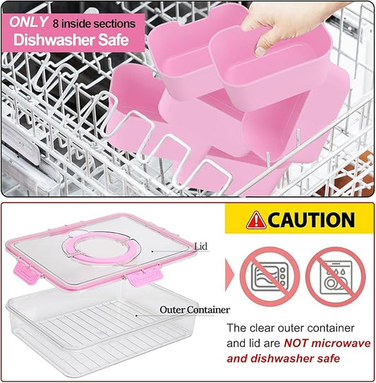 shopwithgreen Divided Serving Tray with Lid and Handle, Portable Snackle Box Charcuterie Container for Party, Veggies, Fruits, Nuts, Candy, Food Tray Platter Snack Box for Entertaining, Picnic, Pink