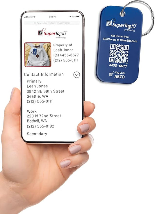 Dynotag® Sentry Series Solid Metal Web Enabled Smart Luggage Tag ID + Steel Loop, Anodized Aluminum with DynoIQ™ & Lifetime Recovery Service (Sapphire Blue)