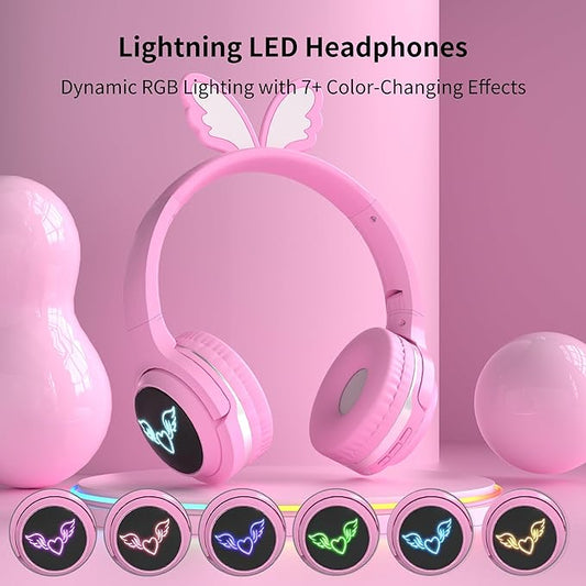 Kids Wireless Headphones with 7-Color RGB LED Lights, Long Playtime, Ultra-Soft Over-Ear for School Travel, Pink Butterfly Wings