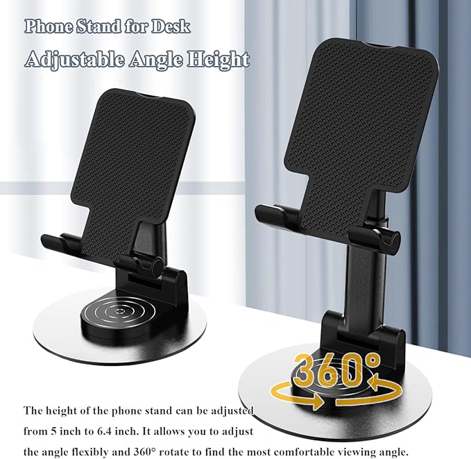 Rotatable Cell Phone Stand for Desk, Height Angle Adjustable Phone Holder Portable Phone Stand Compatible for Most Smartphones iPhone 14, Pro, Pro Max, 13 12 X XS