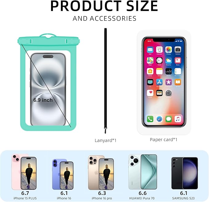 [Up to 6.9" 2 Pack Waterproof Phone Pouch Case,Waterproof Phone Bag for iPhone 17 16 15 14 13 Pro Max Plus Galaxy S25 S24 Ultar Plus+,IPX8 Cellphone Dry Bag Beach Travel Essentials-Green