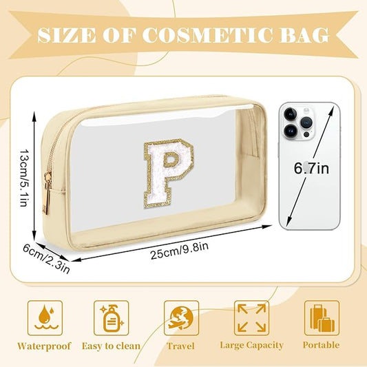 Personalized Initial Letter Clear Makeup Bag,Preppy Small Nylon&PVC Cosmetic Zipper Bag with Chenille Letter,Portable Beach Travel Skincare Toiletry Bag,Trendy Monogram Gift for Teen Girls Women,P