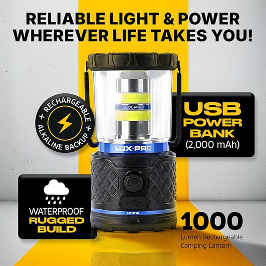 LUXPRO Rechargeable Dual-Power 1100 Lumen LED Lantern for Up to 150 Hours of Use - Camping Lantern with Built-in Power Bank - Dimmable LED Light with IPX4 Water-Resistant Rating (Camping Lantern)