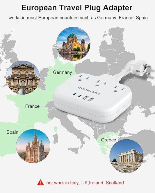 European Travel Plug Adapter 3 inch, International Plug Adapter, US to Europe Plug Adapter with 3 Outlets 4 USB Ports(2 USB C), Type E F Power Adapter to EU Germany Spain France Portugal Iceland