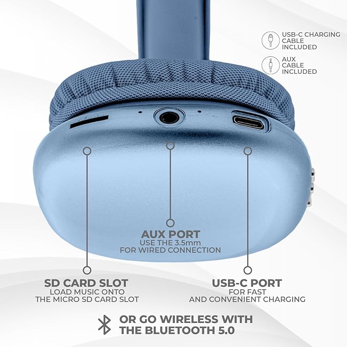 iJoy Ultra Wireless Over-Ear Bluetooth Headphones with Mic, Up to 10 Hours Playtime, Bluetooth Headset 33Ft Range with Backup AUX Cable & SD Slot, Wireless Headphones for Gaming, Work & Gym (Blue)