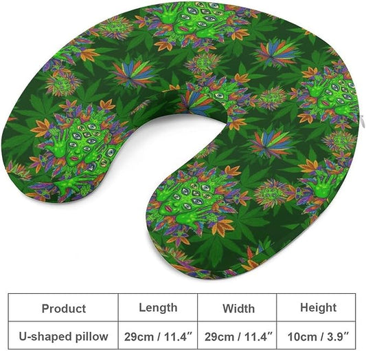 Pain Relief Travel Pillow Memory Foam Chin Support Trippy Eye Leaf Weedleaf Green, Breathable Washable Cover for Airplane Car Office