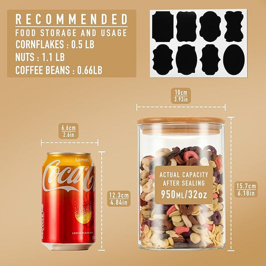 D2scrma 32oz Straight Cylindrical Airtight Storage Containers with Bamboo Lids Set of 6, Round Stackable Canisters, Food Jars, Pantry Organizers for Sugar, Cookies and Coffee beans (with Black Lable)