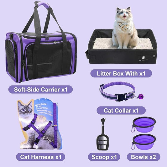 Soft-Sided Cat Carrier with Litter Box for Traveling & Camping, Pet Bag Fit Pets Up to 20lbs,17.7' * 11.8 * 11.8 inches Cat Travel Carrier Purple