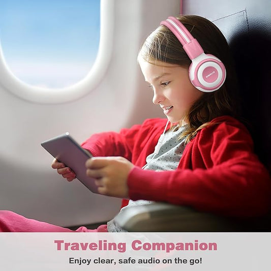 SIMOLIO Wired Headphones for Kids with Mic & Share Port, 75dB/85dB/94dB Volume Limit Children Headphone with Portable Bag for School/Travel, Stereo Sound, Tangle-Free Cord (Pink&White)