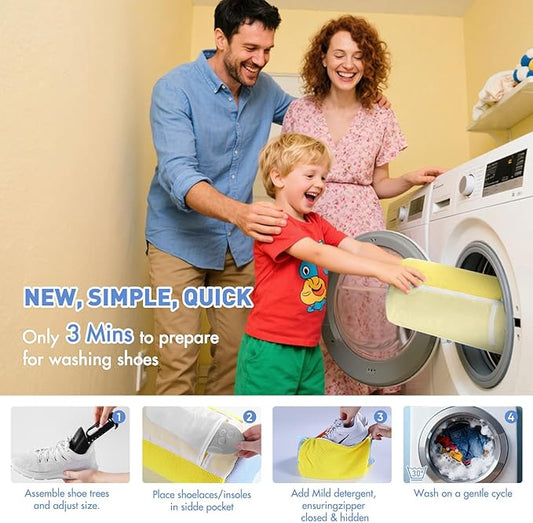 Shoe Bag for Washing Machine - Reusable Sneaker Tennis Shoes Cleaner Bag with Laces & Insoles All-in-One Cleaning Pockets No Tangling, Home Travel Laundry Shoe Bag w/Shoe Trees Keep Shape, Yellow 2pcs
