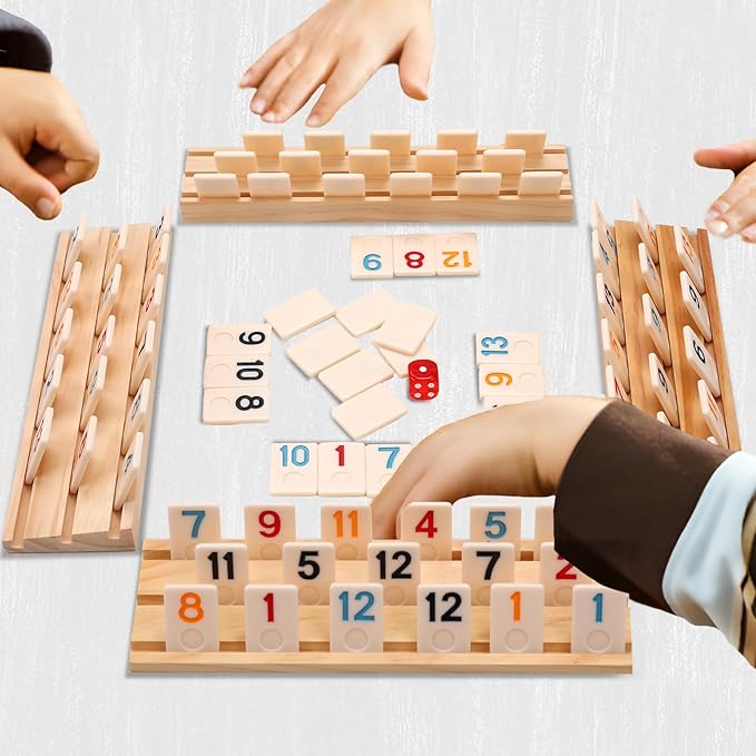Upgraded Rummy Cube Game Set 4 Players, Travel Family Board Game for Adults and Kids Age 8+,Birthday Gifts for Women Men Dad Mom (108 Tiles+4 Racks )
