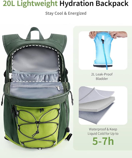 ECOHUB Hydration Backpack for Men Women, 20L Lightweight Hiking Daypack Cycling Backpack with 2L Water Bladder, Insulated Hydration Pack with Waist Pack