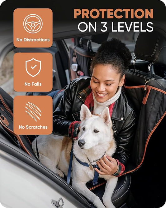 Owleys Hard Bottom Pet Seat Cover for Back Seat β Heavy Duty Waterproof Dog Hammock Bed βTravel Protector for SUVs, Sedans & Trucks β Foldable Design - 2 Pockets β Mesh Ventilation Windows