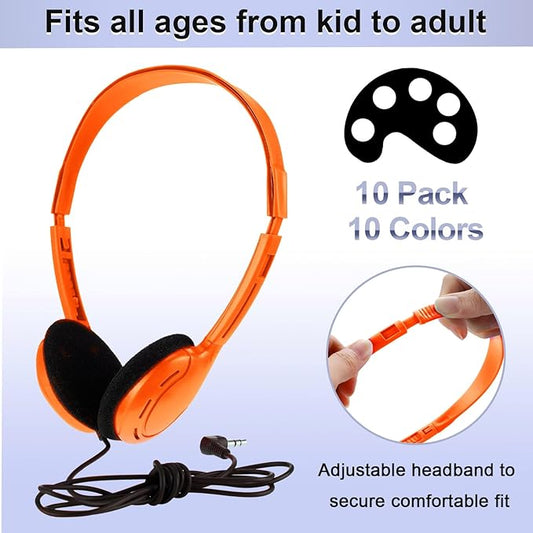 Yunsailing 10 Pack Bulk Over Ear Headphones Set On Ear Headsets Earphones with Adjustable Headband and 3.5mm Plug for Group Learning, Computer Lab, Library, Online Lesson (Multicolor)