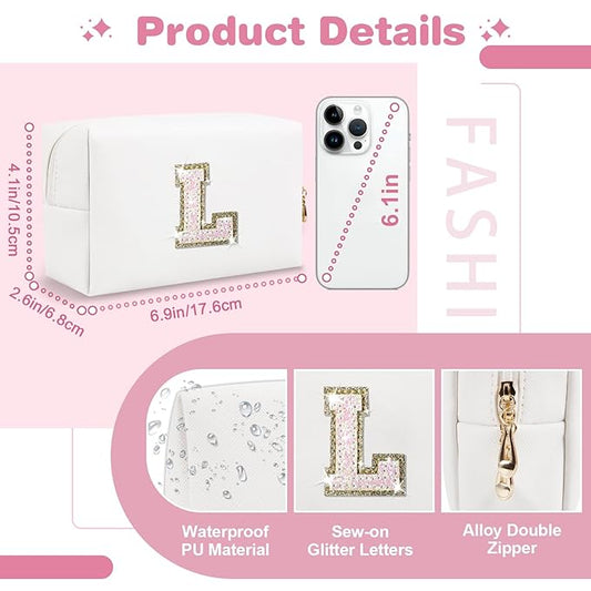 Small Initial Patch Makeup Bag Personalized Gifts Make Up Bag,White Cute PU Leather Glitter Letter Cosmetic Bag with Zipper,Trendy Portable Travel Toiletry Pouch,Preppy Stuff for Teen Girls Women L