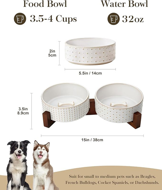 MALACASA Dog Bowl Set with Walnut Wood Stand, 3.5 Cups Ceramic Pet Bowls for Puppy Dogs, Dual Food and Water Bowls with Weighted Non-Slip Base, Basic Bowls for Your Dog or Cat, Rhombic & Polka Dots