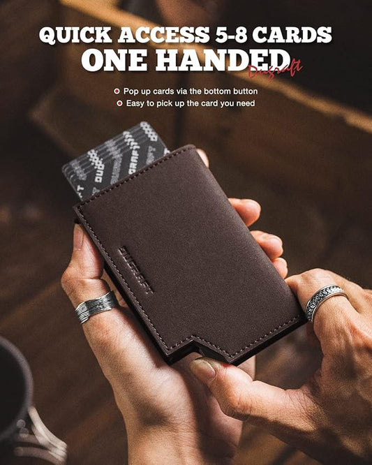 DUGRAFT Bifold Pop Up Wallet for Men, Slim Leather Credit Card Holder with Zipper Minimalist Women Magnetic Cash Coins Pocket Wallets RFID Blocking(Espresso)