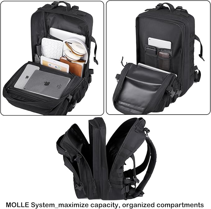 56L Tactical Backpack, Military Molle Backpack Army 3 Day, Waterproof Durable Hiking Rucksack for Men, 24H Outdoor Survival Bug Out Bag for Camping, Travel, Hunting, Black