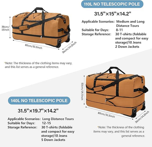 32” 1680D Oxford Foldable Duffle Bag with 2 Wheels,110L to 140L Expandable Soft Sided Rolling Travel Bag,Brown