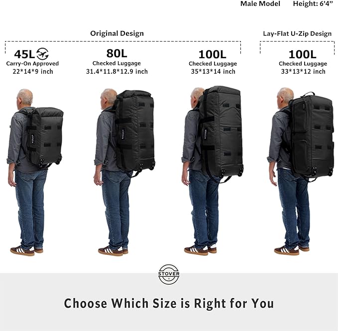STOVER 45L Carry-On Rolling Duffel Bag with Wheels, Medium Durable Travel Duffle w/Toiletry Bag, Heavy-Duty, Packable, Foldable with Shoulder Straps- Use as Luggage or Backpack, Men/Women (Black)