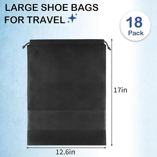 18 Pack Shoe Bags for Travel, Large Travel Shoe Bags for Packing with Clear Window, Dustproof Drawstring Travel Shoe Storage Bags Travel Essentials for Men & Women, Black