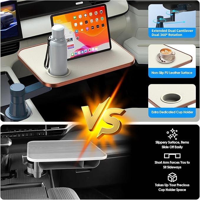 Car Tray& Car Desk for Laptop,Dual 360° Rotating,Anti Slip Leather Surface, Steering Wheel Tray,Car Accessories- Compatible with Tesila Model Y/3/S,Forrd F150/Explorer/Maverick/Most Vehicles (White)