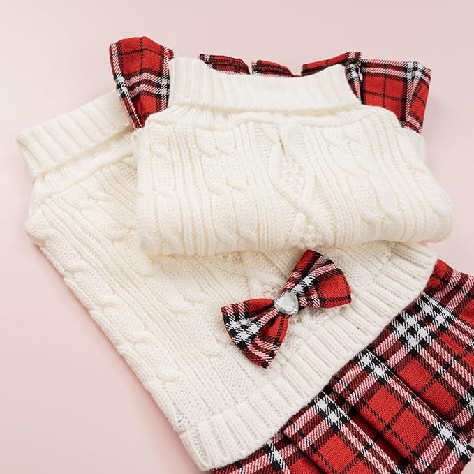 YUDODO Small Dog Sweater Dress with Bowtie Turtleneck - Knitted Pet Girl Dog Winter Clothes - Pet Warm Sweater for Puppy Yorkies, Chihuahua (L White)