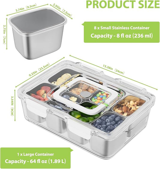Snackle Box Container, Stainless Steel Divided Serving Tray with Lid and Handle, 8 Compartment Portable Snack Platters - Clear Storage Organizer for Fruit Candy Nuts Veggie - Perfect for Travel Party