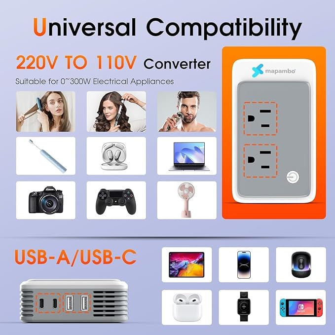 220V to 110V Voltage Converter US to Europe for Curling Iron and Hair Straighteners, Power Converter for European Travel Plug Adapter with 2 USB A & 2 USB C Ports (Type A/C/G/I-Global)