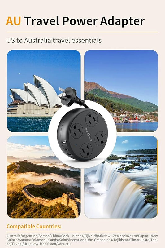 Australia Travel Adapter with USB C, US to Australia Plug Adapter with 4 Outlets 3 USB Ports, Type I Outlet Adapter for US to New Zealand, China, Argentina,Fiji, AU (Black)