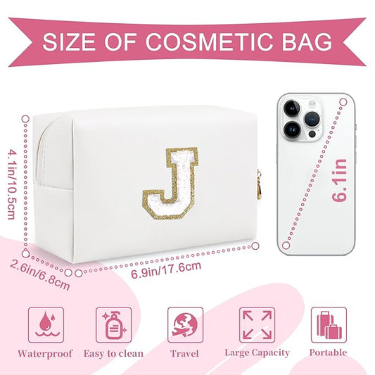 Small Personalized Initial A-Z Preppy Patch Makeup Bag,White PU Chenille Letter Travel Cosmetic Pouch with Zipper,Cute Toiletry Bag,Gift Ideal for Teen Girls Women Teacher Bridesmaid,Letter J