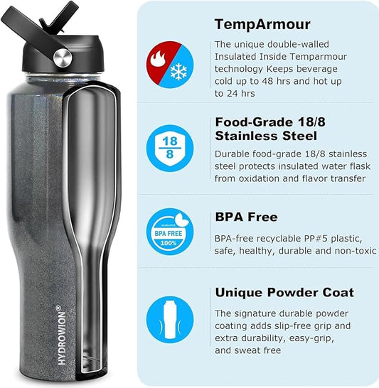 HYDROWION 40 oz Insulated Water Bottle with Straw fit in Car Cup Holder(Cold 48 hrs, Hot 24 hrs) Drinking Bottle with Straw Lid, Spout Lid and Flex Cap Leakproof Travel Thermo Mugļ¼Laser Grey