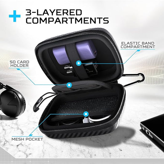 Futurizta Tech® Mini Hard Shell EVA Carrying Case Impact & Water Resistant with Carabiner, SD Card Slot 9cm x 13cm for Mini Powerbank, Charger, Cable, SSD and Earphones