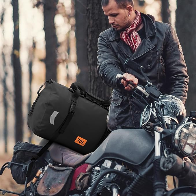 Waterproof Duffel Bag, 70L Roll-top Motorcycle Dry Bag with Air Valve & Quick-fixed Straps, Travel Duffle Bags for Kayaking Paddle Boarding Rafting Boating Camping Riding Fishing - Black